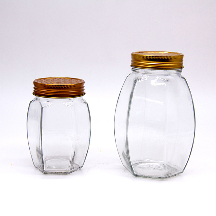 High Quality 500ml 750ml  Tall Thin Hexagon Shape Honey Jam Pickles Glass Jar  With Plastic Round