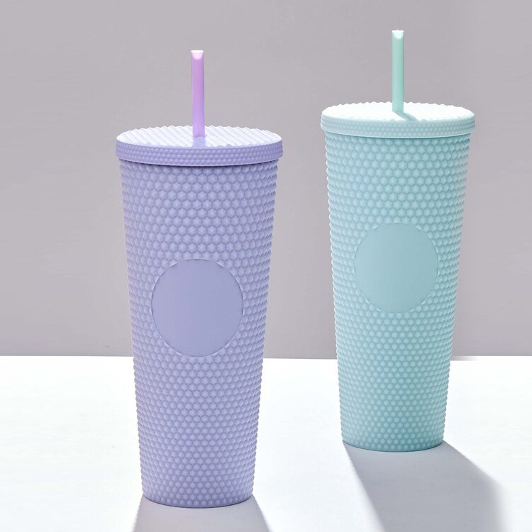 Wholesale Studded 24oz Tumblers Reusable Coffee Plastic Cups Drinkware Bling Double Wall Tumbler With Straw And Lid