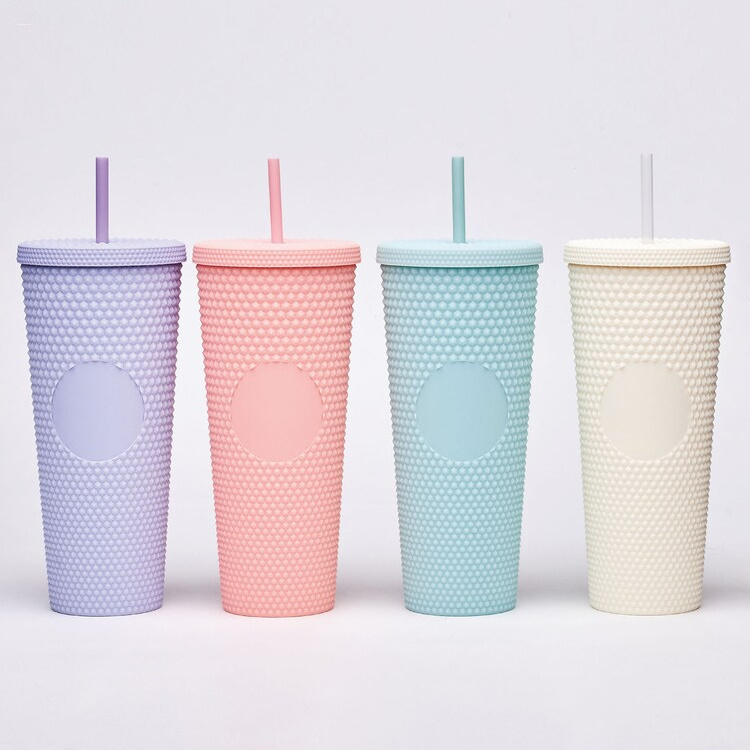 Wholesale Studded 24oz Tumblers Reusable Coffee Plastic Cups Drinkware Bling Double Wall Tumbler With Straw And Lid