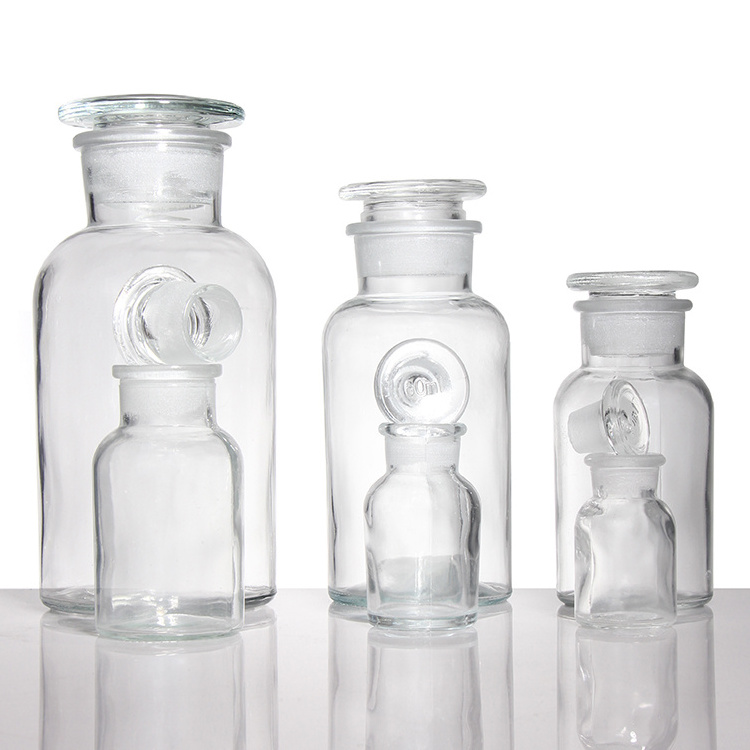 Wide mouth 30ml-1000ml clear and amber glass laboratory pharmacy jar reagent bottle with glass stopper