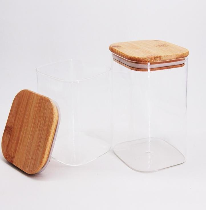 Home Glassware 200ml - 1600ml Food High Square Borosilicate Glass Jar With Bamboo Lid