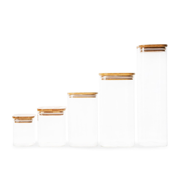 Home Glassware 200ml - 1600ml Food High Square Borosilicate Glass Jar With Bamboo Lid