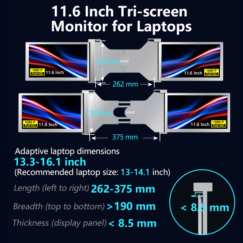 2023 laptop device monitor multiple screen all in one pc triple 11.6 inch lcd ips screen easy install workstation