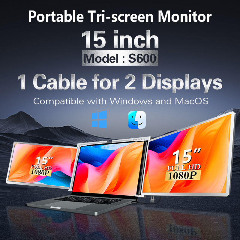 Portable Monitor One Cable Dual 15-Inch Screens for Mac and Wins Laptops Triple Screen Workstation