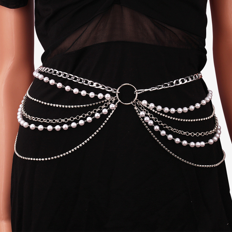 2023 New Sexy Simple Pearl Metal with Diamond Multi-layer Body Chain Waist Chain