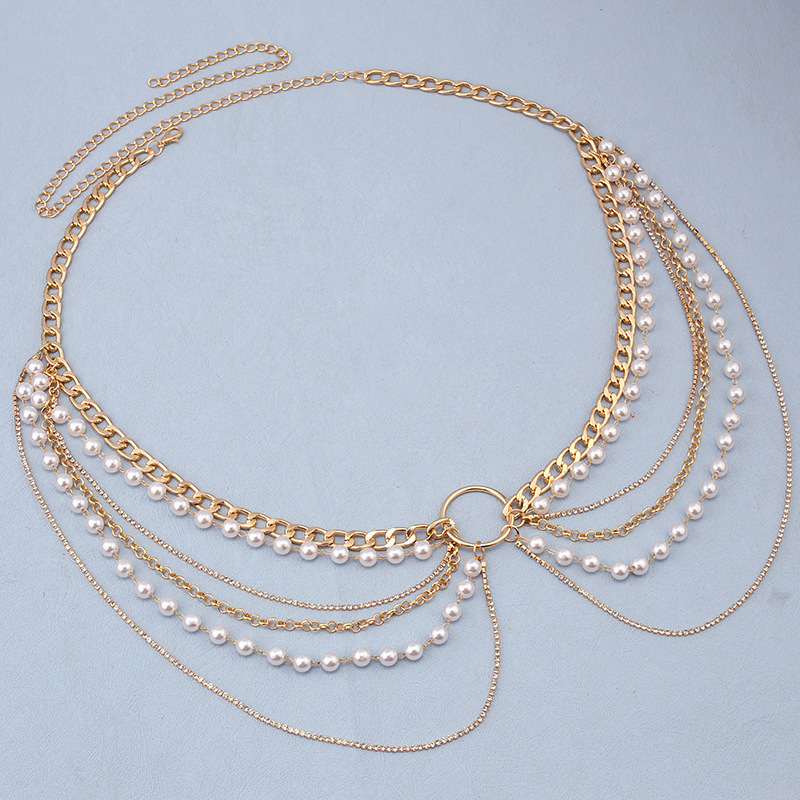 2023 New Sexy Simple Pearl Metal with Diamond Multi-layer Body Chain Waist Chain