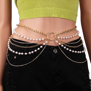 2023 New Sexy Simple Pearl Metal with Diamond Multi-layer Body Chain Waist Chain