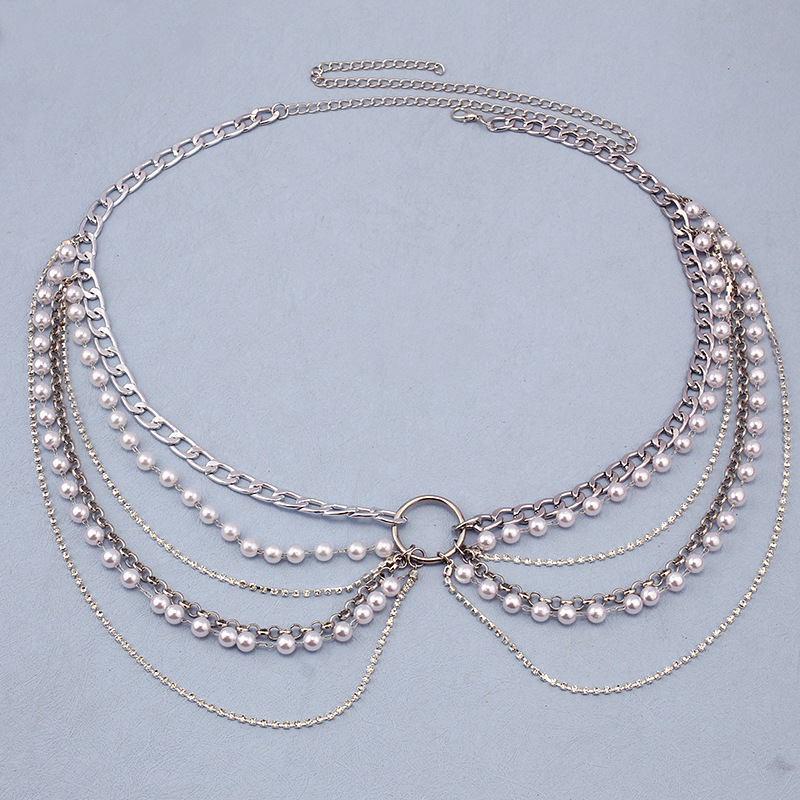 2023 New Sexy Simple Pearl Metal with Diamond Multi-layer Body Chain Waist Chain