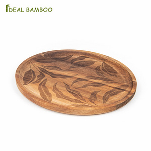 Custom Oval Shape Rustic Acacia Wood Serving Plat Tray for Food Nut Wooden Serving Tray With Leaf Laser