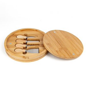 Wholesale Custom New Design Butter stainless steel knife cheese tools Round bamboo cheese board  cutting board with knife set