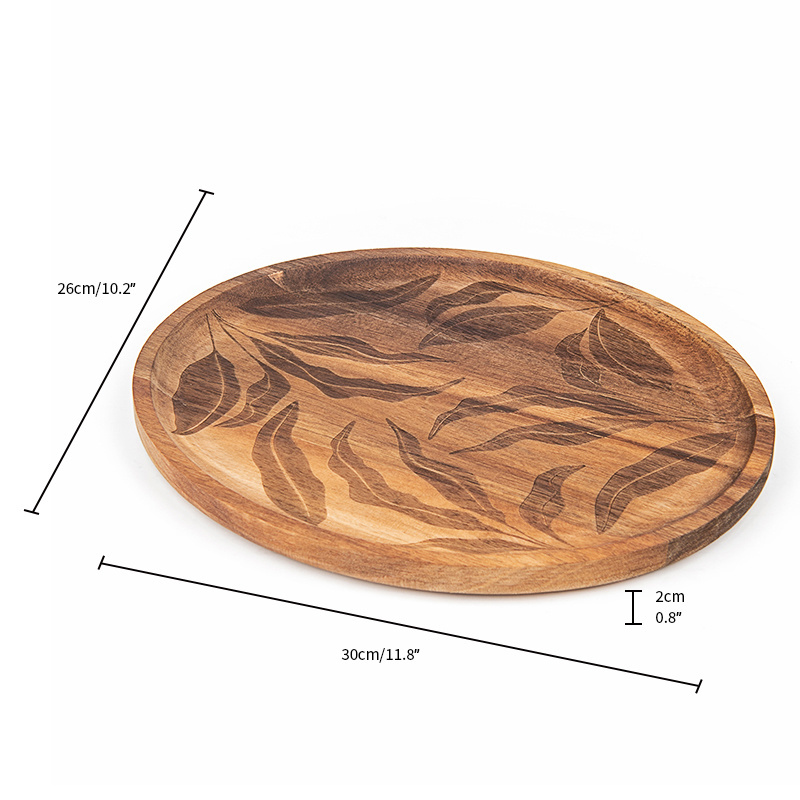 Custom Oval Shape Rustic Acacia Wood Serving Plat Tray for Food Nut Wooden Serving Tray With Leaf Laser