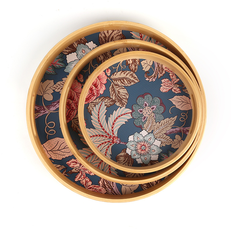 Uv Print Flower Pattern Round Coffee Snack Serving Platter Table Decorations Bamboo Wooden Serving Tray Set with Handle