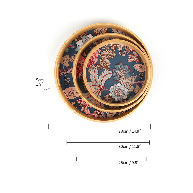 Uv Print Flower Pattern Round Coffee Snack Serving Platter Table Decorations Bamboo Wooden Serving Tray Set with Handle