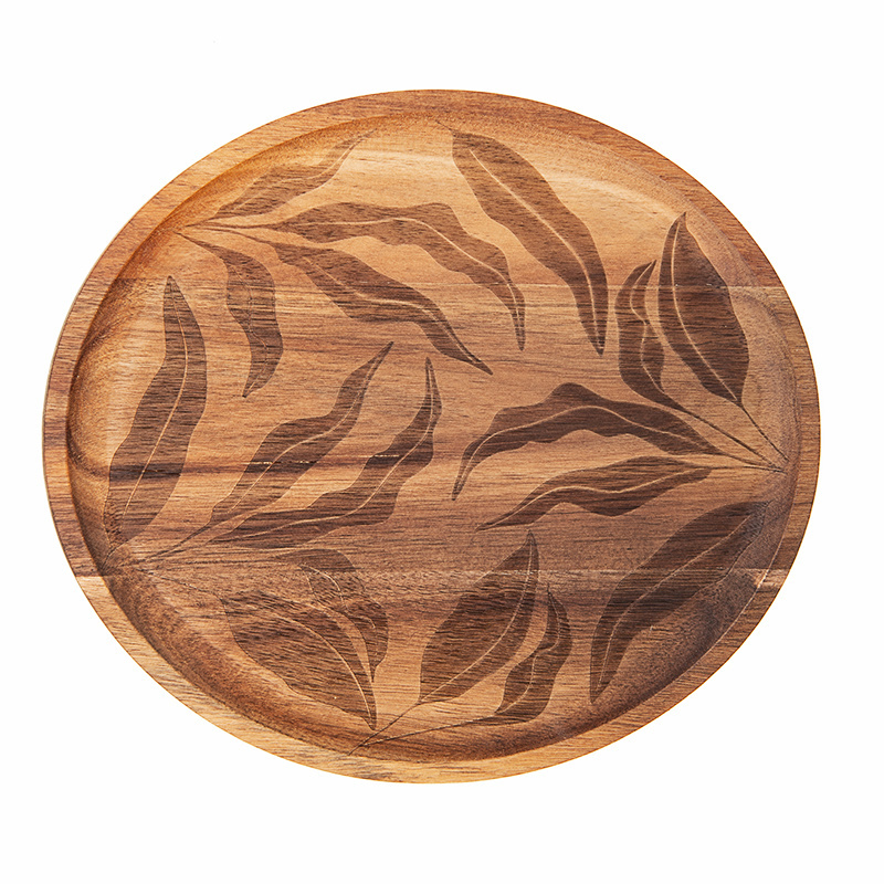 Custom Oval Shape Rustic Acacia Wood Serving Plat Tray for Food Nut Wooden Serving Tray With Leaf Laser