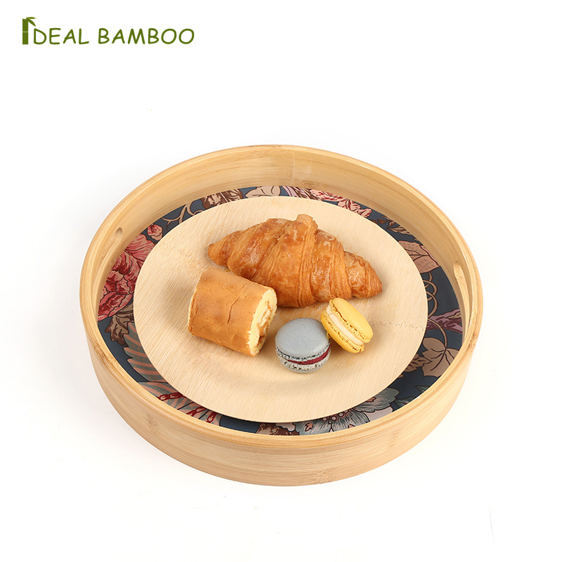 Uv Print Flower Pattern Round Coffee Snack Serving Platter Table Decorations Bamboo Wooden Serving Tray Set with Handle