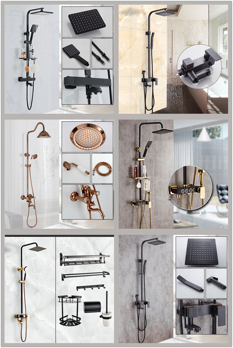 Wall Mount Black Gold Bath Room Shower Head Mixer Set SUS304 Bathroom Hot Cold Mixer Panel Brass Shower Faucet Set