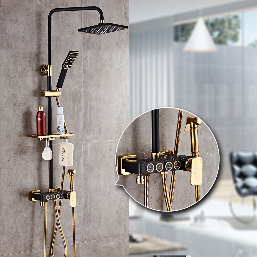 Wall Mount Black Gold Bath Room Shower Head Mixer Set SUS304 Bathroom Hot Cold Mixer Panel Brass Shower Faucet Set