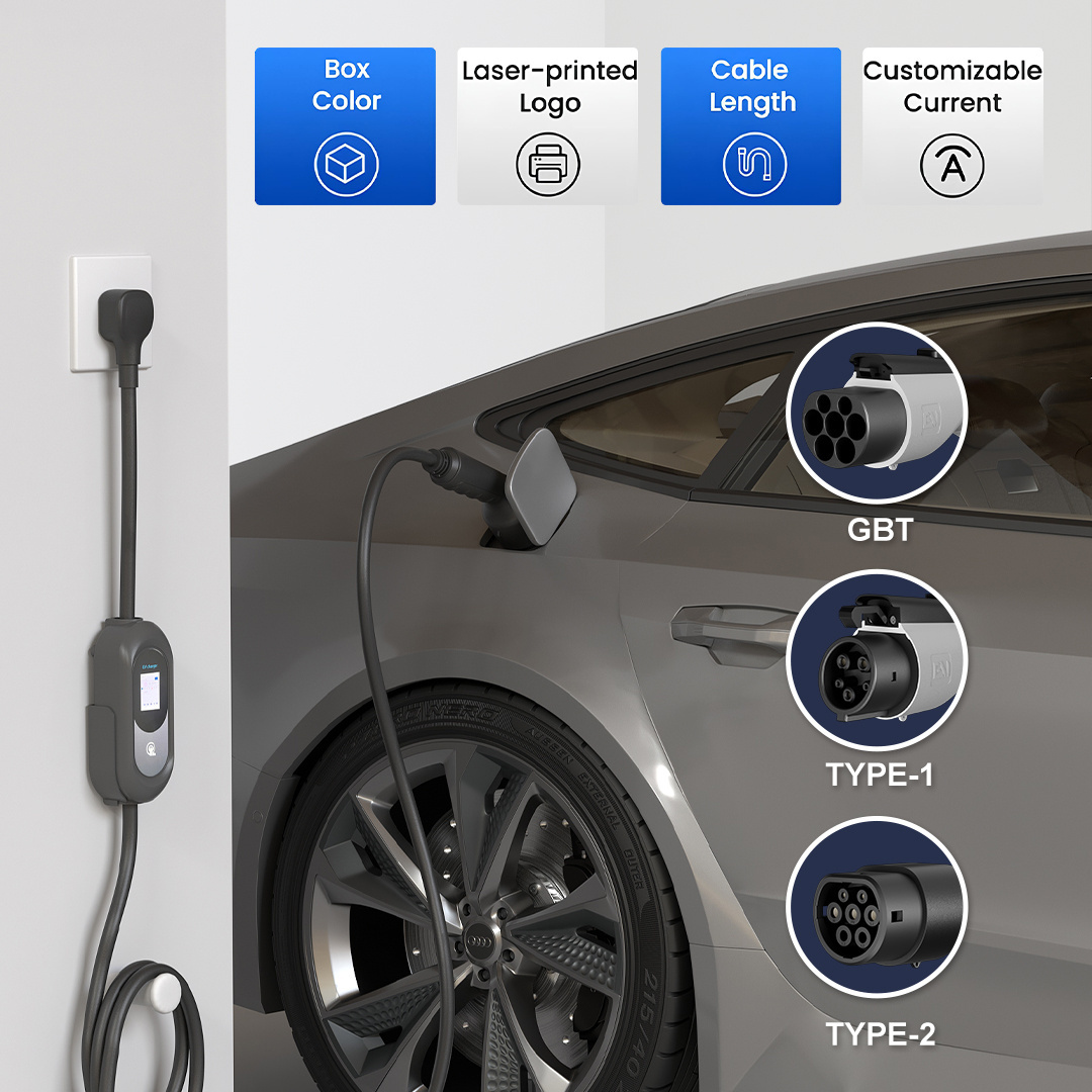 Smart Adjustable 110V High Power Type 1 16A Home 32A 3 Phase 7Kw Level 2 Ac Mobile Electric Car Charging Portable Ev Charger