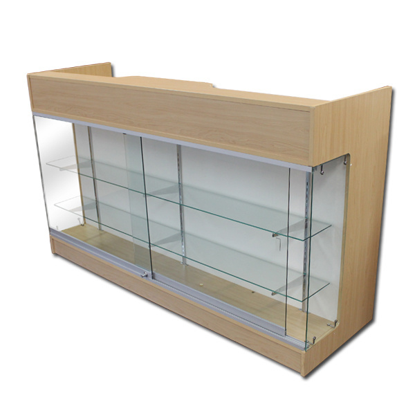 Factory direct sell store 6ft wooden ledge top checkout counter with glass showcase view front