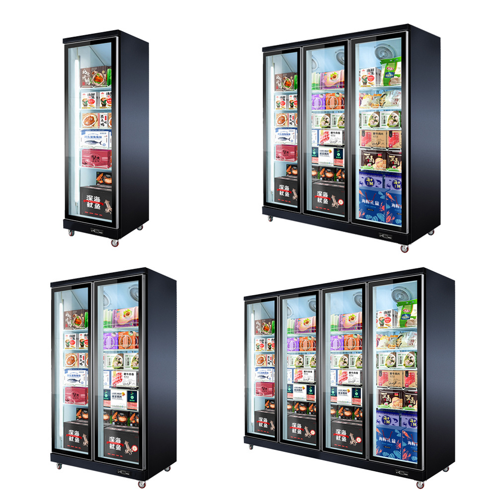 Hot Sale Commercial Supermarket Refrigeration Equipment Transparent Glass Door Chiller Vertical Display Freezers