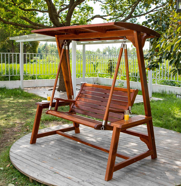 New Products Waterproof 2 Seats Solid Wood Furniture Resort Hotel Backyard Hanging Outdoor Patio Garden Swing Chair