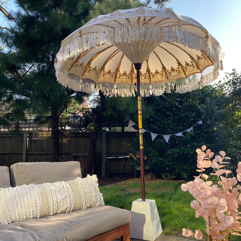 Adjustable Solid Wood Furniture Parasol Patio Swimming Pool Outdoor Garden Beach Umbrella with tassels