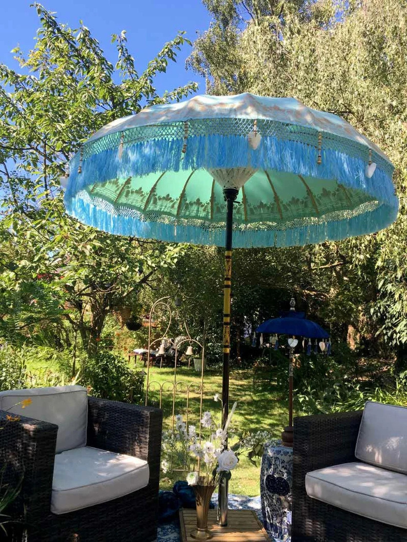 Adjustable Solid Wood Furniture Parasol Patio Swimming Pool Outdoor Garden Beach Umbrella with tassels