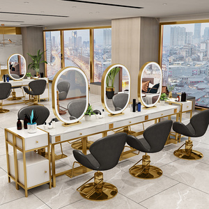 Barber Shop Furniture Professional Oval Type Single Double Sided make up Gold Led Lights Styling Hair Salon Mirrors Station