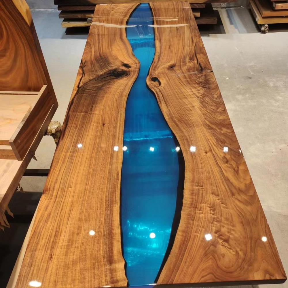 Morden Custom Clear Blue River Solid Wood Island Bar Console Dining Office Furniture Epoxy Resin Computer Table Office Desk