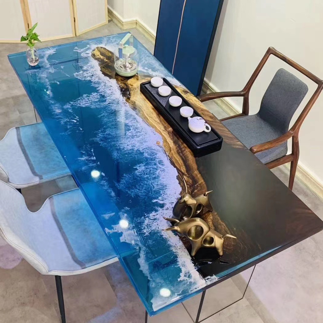 Unique design Restaurant  Walnut table solid wood slab epoxy resin river  dining table top