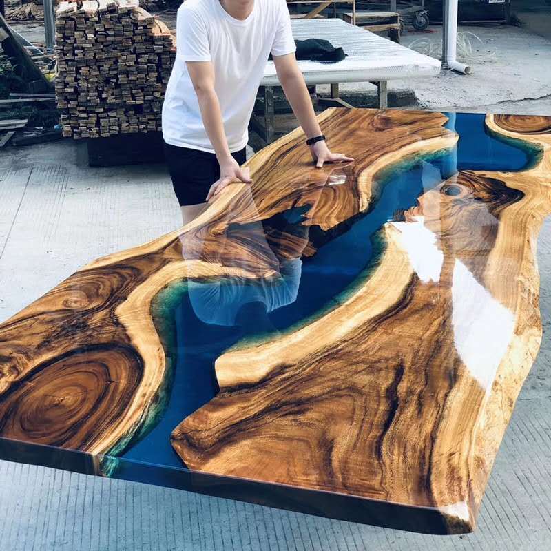 Unique design Restaurant  Walnut table solid wood slab epoxy resin river  dining table top