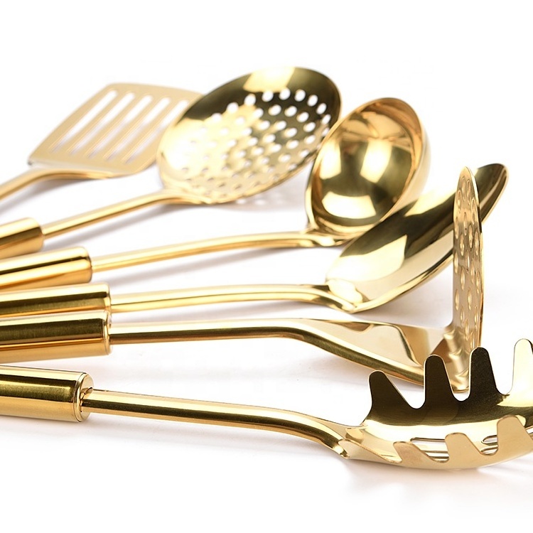 Gold/Brass Cooking Utensils Cooking and Serving Kitchen Utensils Stainless Steel Cooking Utensils 5 PCS-Gold Serving tool