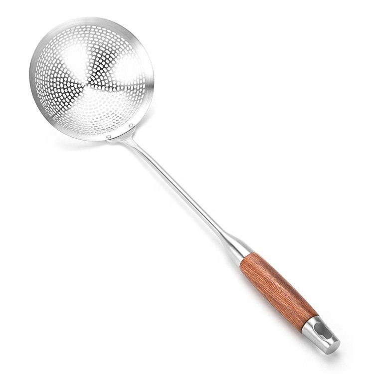 Solid Stainless Steel Spider Strainer Skimmer Ladle for Cooking and Frying with wood Handle