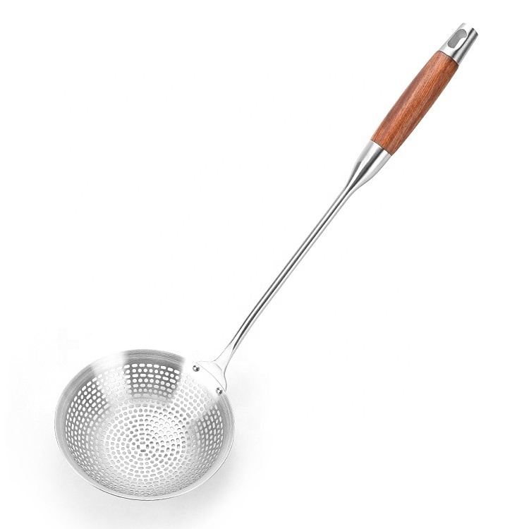 Solid Stainless Steel Spider Strainer Skimmer Ladle for Cooking and Frying with wood Handle