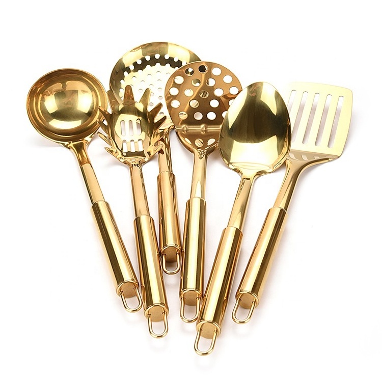 Gold Cooking Utensil Set 6 Piece Stainless Steel Kitchen Tool Set Slotted Tuner Ladle Skimmer Serving Spoon