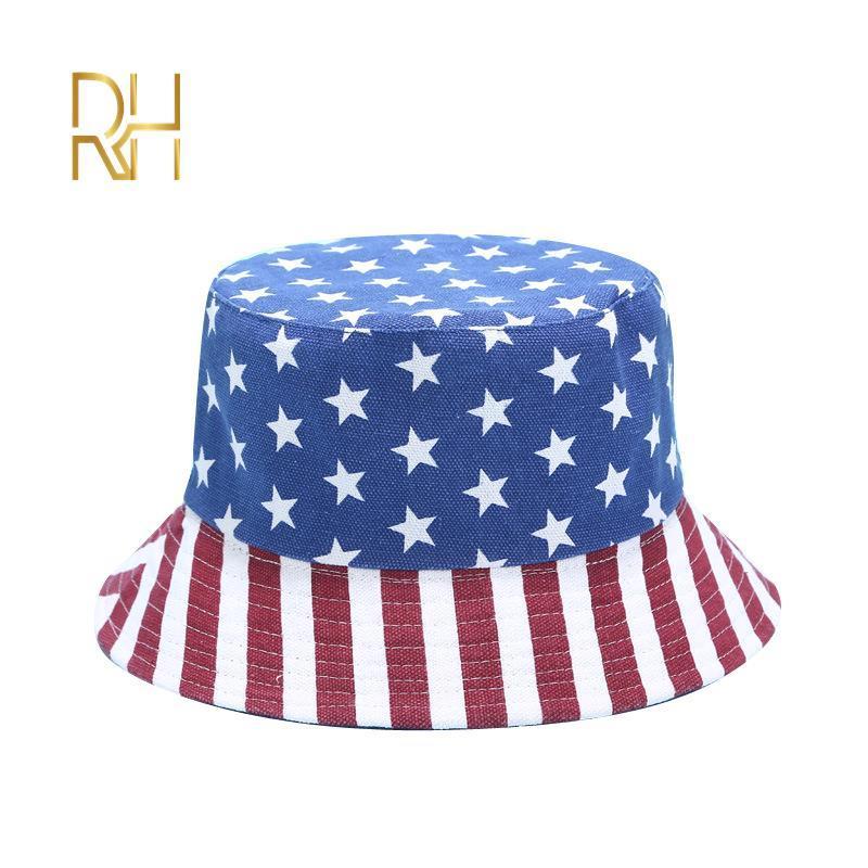 Unisex Fashion Summer Reversible American Flag USA Tree Printed Fisherman Caps Bucket Hats Gorro Pescador Men Women 2020 RH