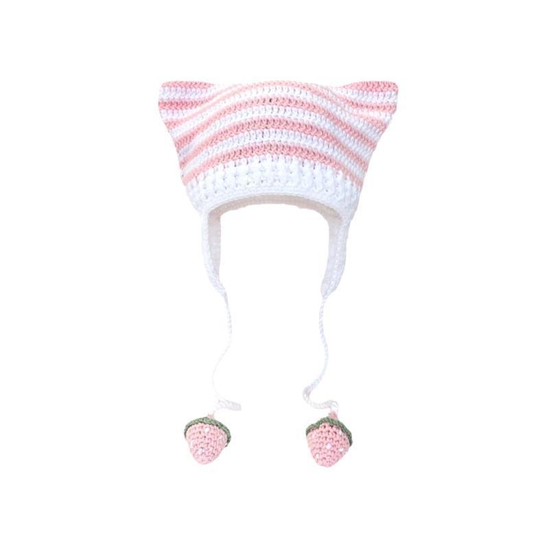 Abby Cute Stripe Cat Ears Handmade Knitting Soft Acrylic Hat Girls Winter Cycling Warm Beanie With Hood