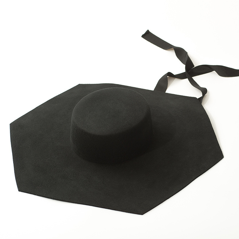 Personal Six-sided Large Wide Brim Flat Top Hat With Black Ribbon