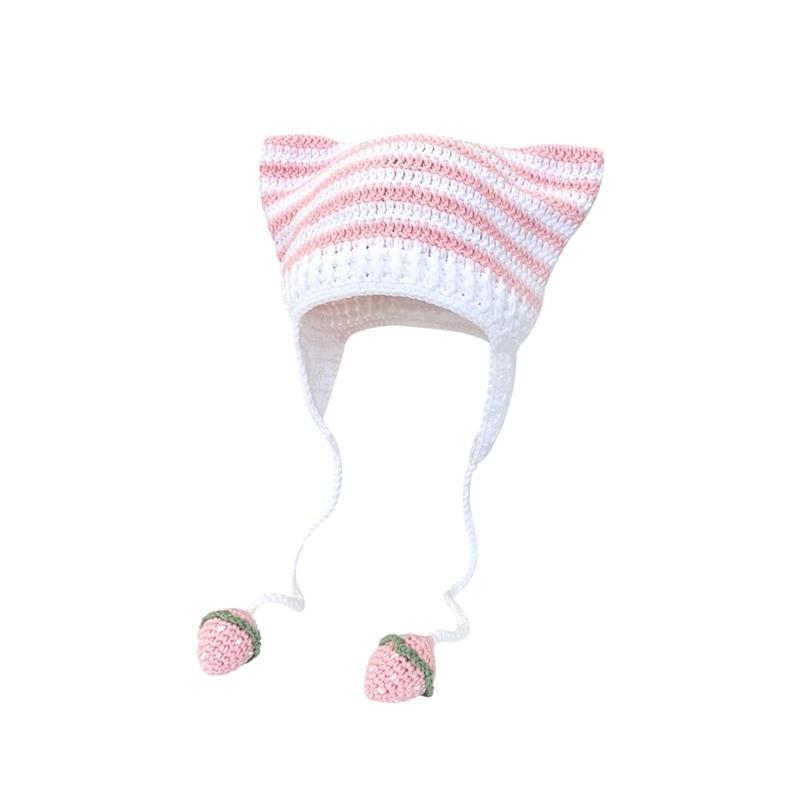 Abby Cute Stripe Cat Ears Handmade Knitting Soft Acrylic Hat Girls Winter Cycling Warm Beanie With Hood