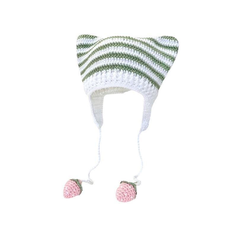 Abby Cute Stripe Cat Ears Handmade Knitting Soft Acrylic Hat Girls Winter Cycling Warm Beanie With Hood