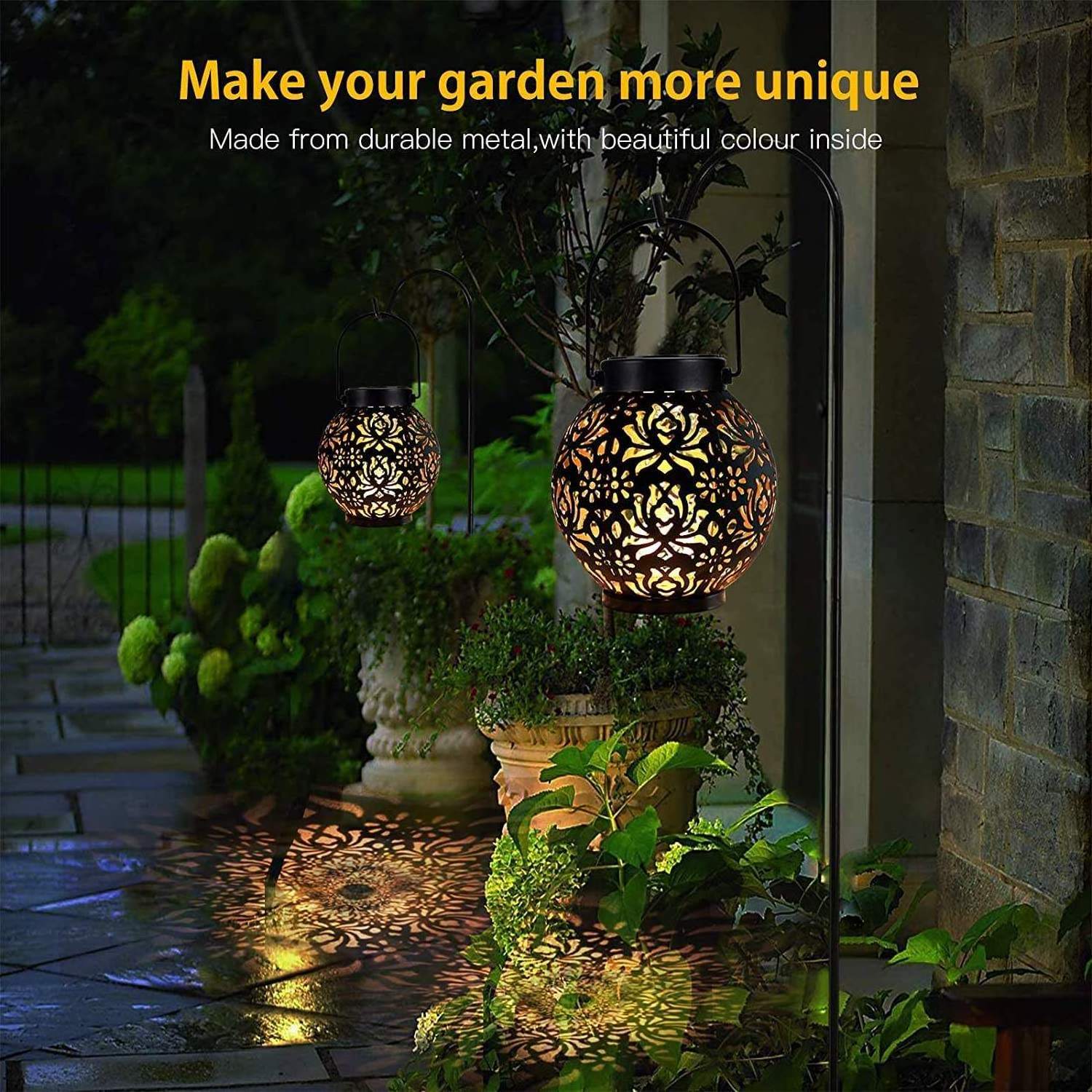 Outdoor Garden Landscape Metal Lanterns Solar Power Hollow Pellets Hanging Light Lanterns for Patio Garden Decoration