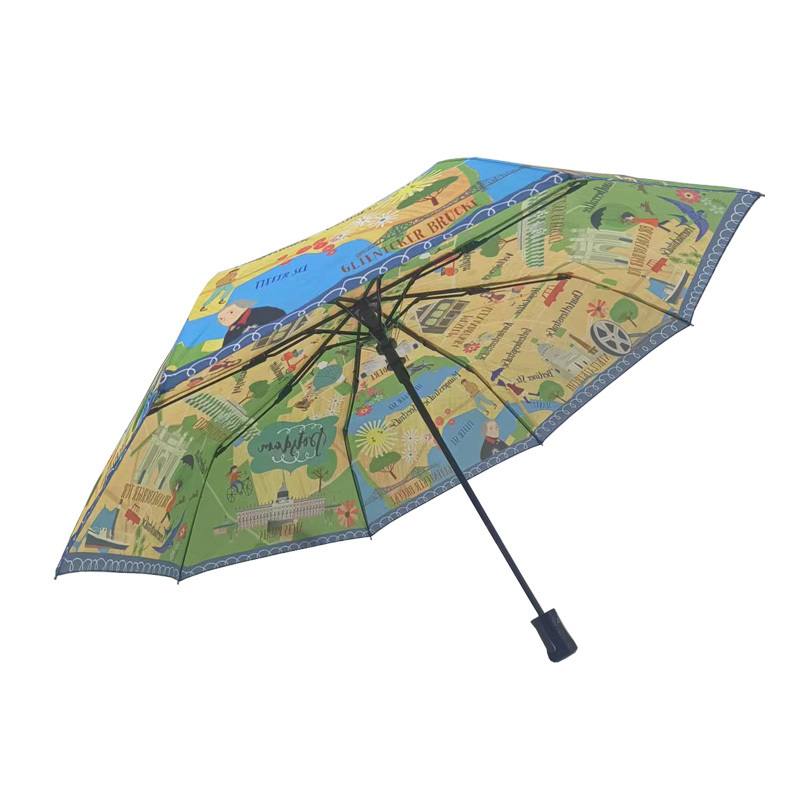 Green Yellow Cartoon Pattern Print Foldable  Automatic Umbrella Three Folding Waterproof Windproof Umbrella