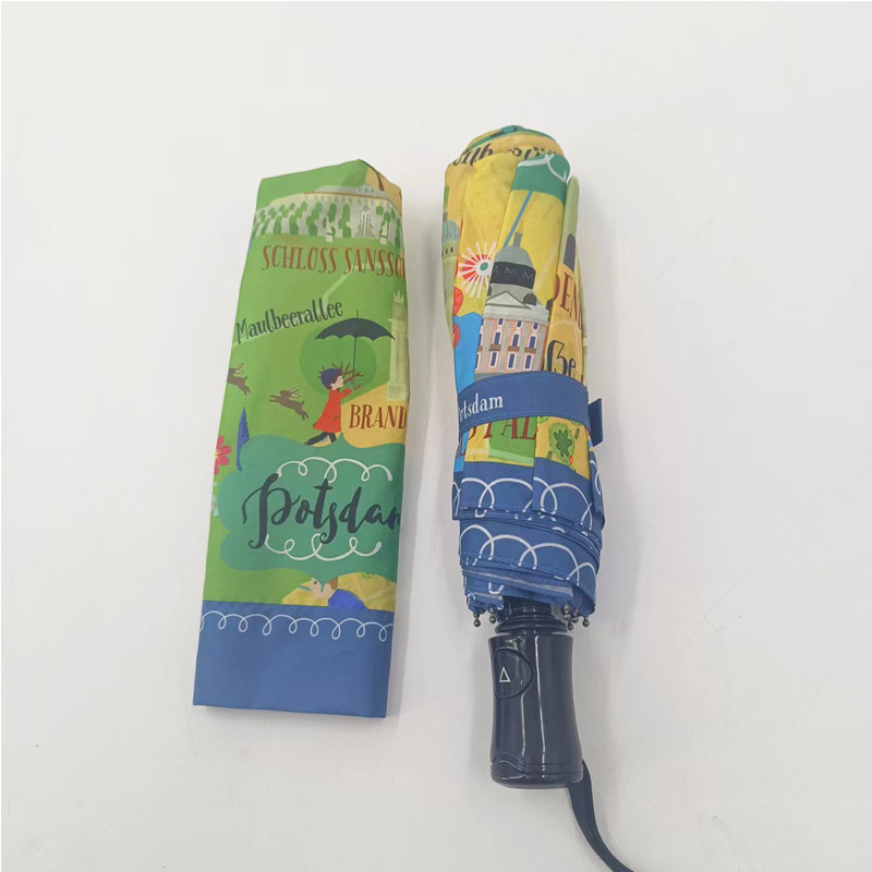 Green Yellow Cartoon Pattern Print Foldable  Automatic Umbrella Three Folding Waterproof Windproof Umbrella