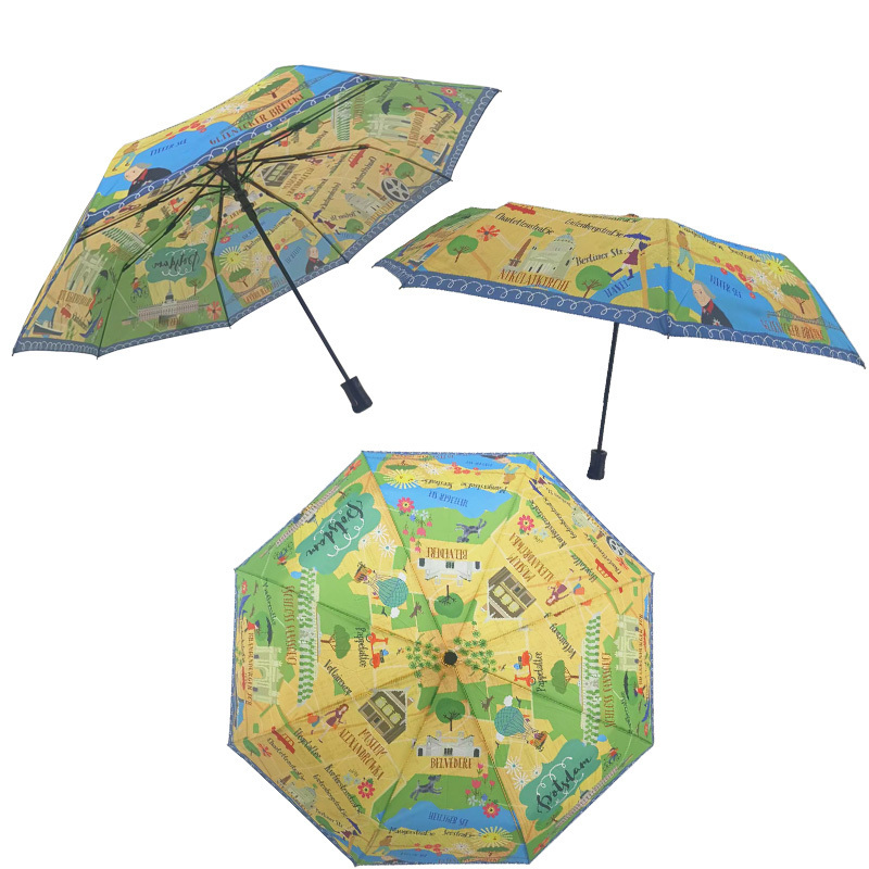 Green Yellow Cartoon Pattern Print Foldable  Automatic Umbrella Three Folding Waterproof Windproof Umbrella