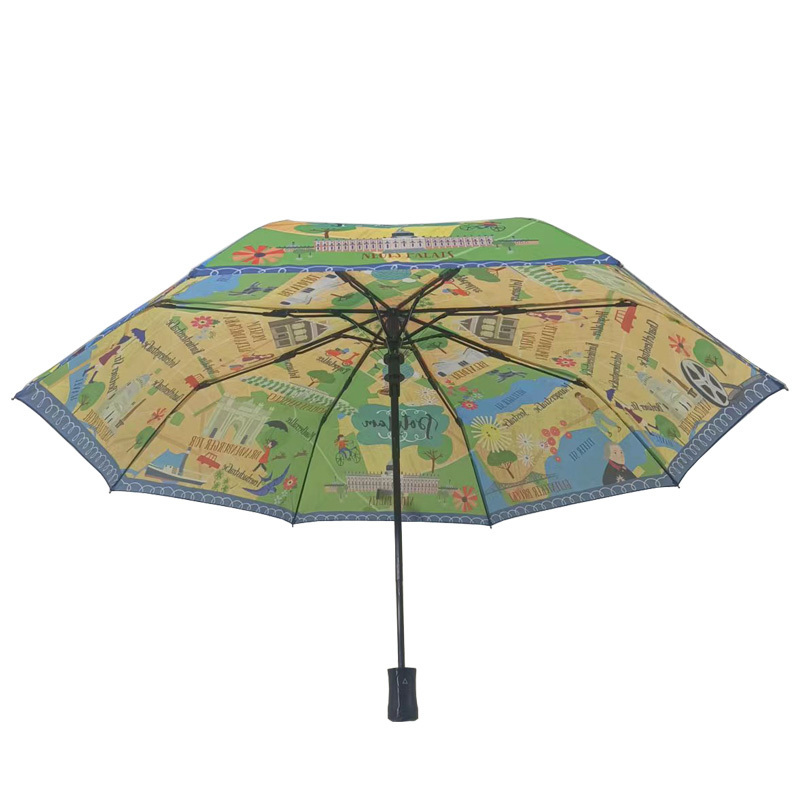 Green Yellow Cartoon Pattern Print Foldable  Automatic Umbrella Three Folding Waterproof Windproof Umbrella