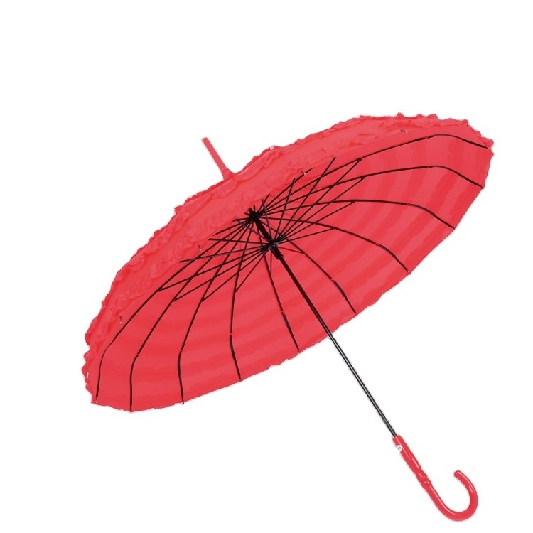 Manual Control Pagoda Umbrella Red  Gothic Umbrella With Lace Ruffle Frill