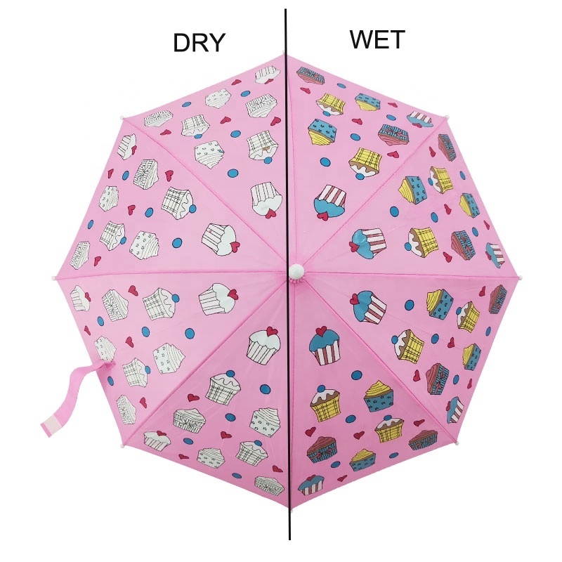 190T Pongee Manual open straight Pink umbrella for girls, kids umbrella with color change print kids raincoat