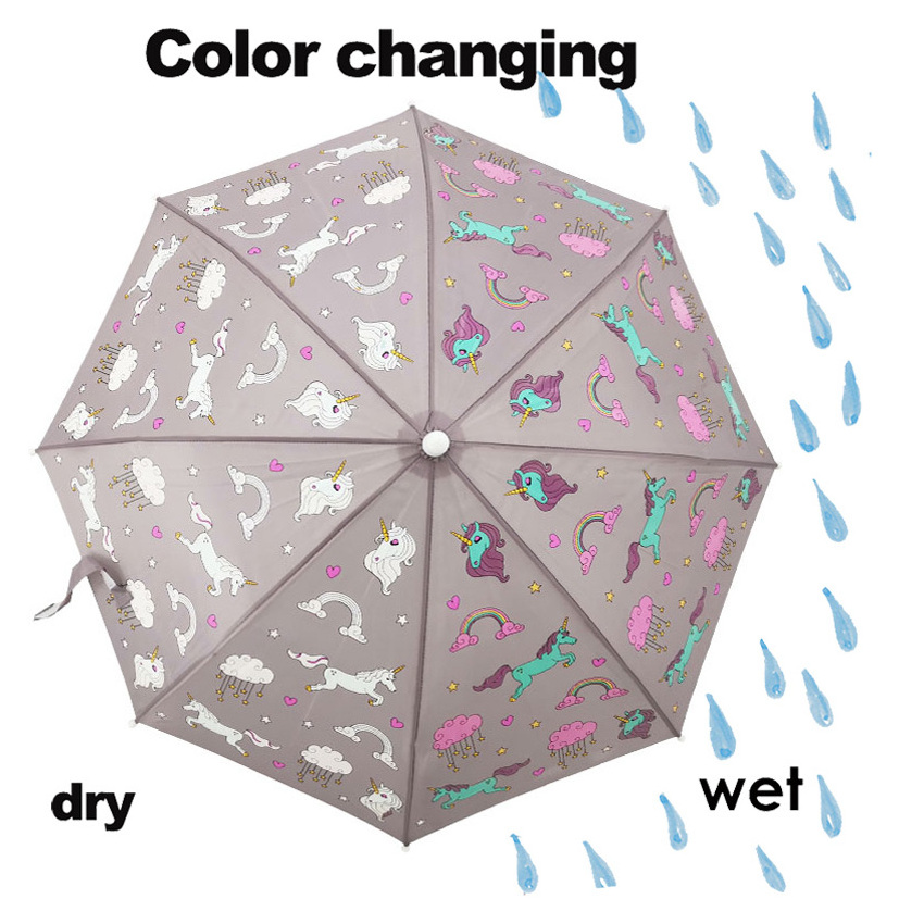 190T Pongee Manual open straight Pink umbrella for girls, kids umbrella with color change print kids raincoat