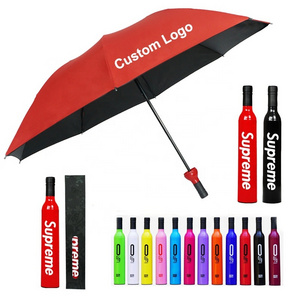 2023 Promotion Gift Cheap Wine Bottle Umbrellas 3 Folding Portable Pocket Bottle Shape Base Umbrella With Logo Prints Customized