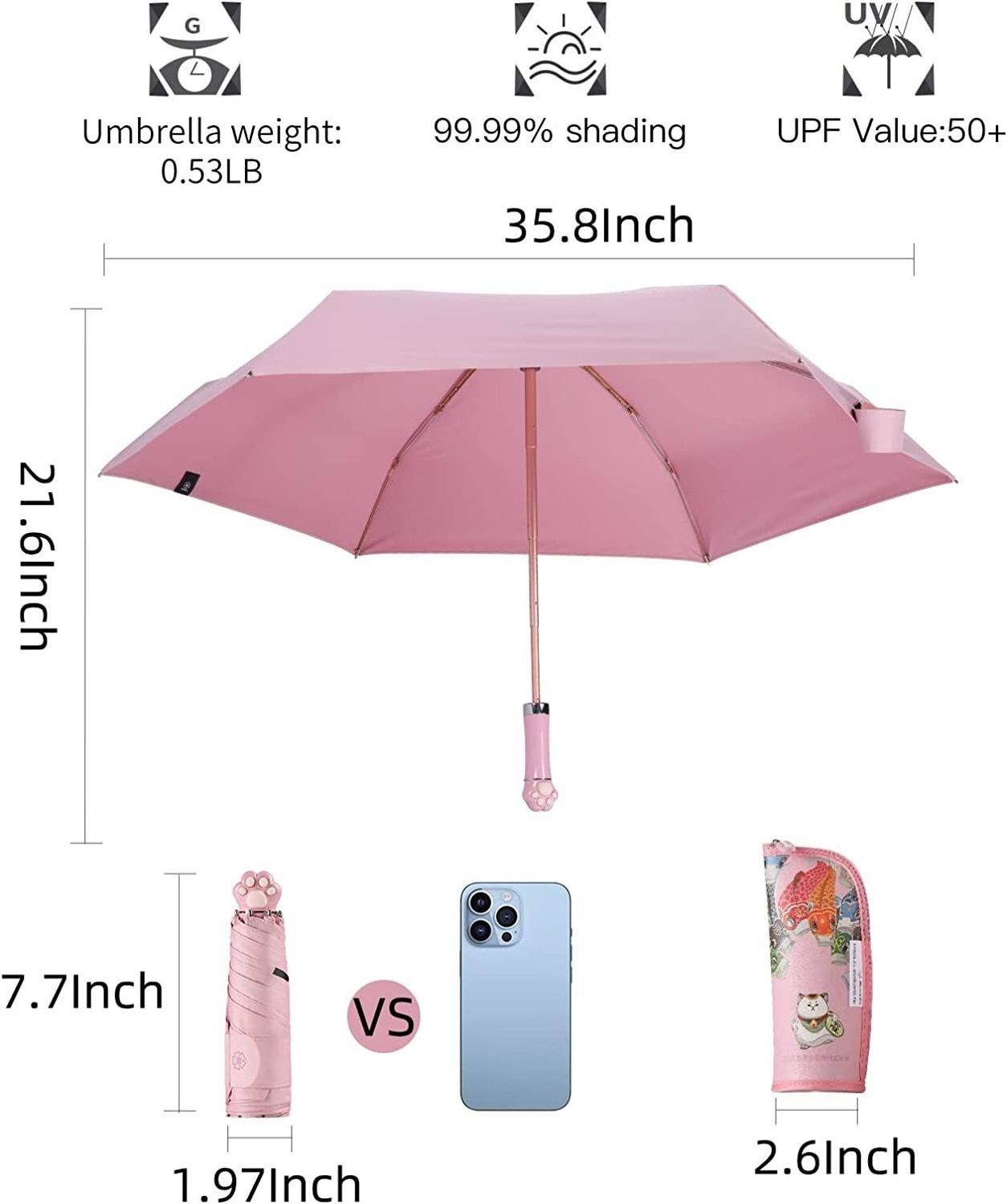 Small Mini Umbrella with Cat Paw Handle, Travel Mini Umbrella Compact, Waterproof and Windproof Portable Folding Umbrella